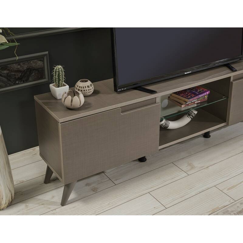 FurnisHome Store Luxia Mid Century Modern Tv Stand 2 Sliding Door Cabinet 2 Shelves 67 inch Tv Uni, White