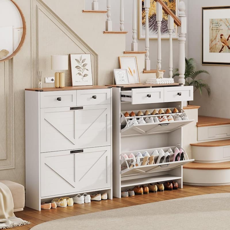 Modern Slim Shoe Cabinet with 2 Flip Drawers and 2 Drawers