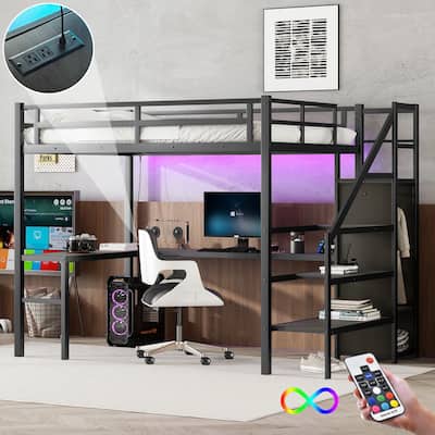 Black Full XL Size Metal Loft Bed with L-shaped Desk, USB, Wardrobe, and Adjustable Shelf
