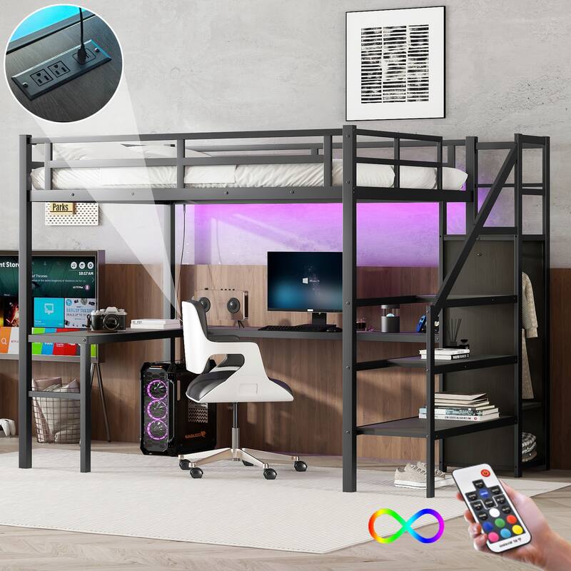 Full XL Metal Loft Bed with L-shaped Desk, Wardrobe, USB, and LED Lighting for Kids, Teens, and Adults - Black