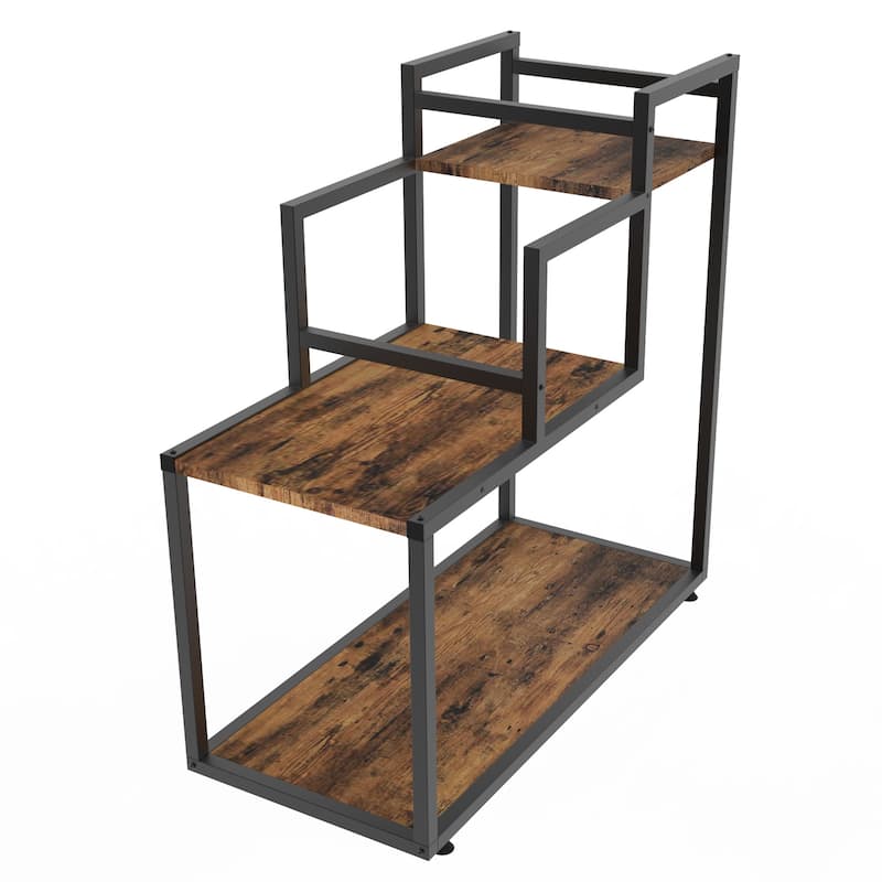 3-Tier Planter Stand Planter Shelf Black Metal Frame,Rustic brown