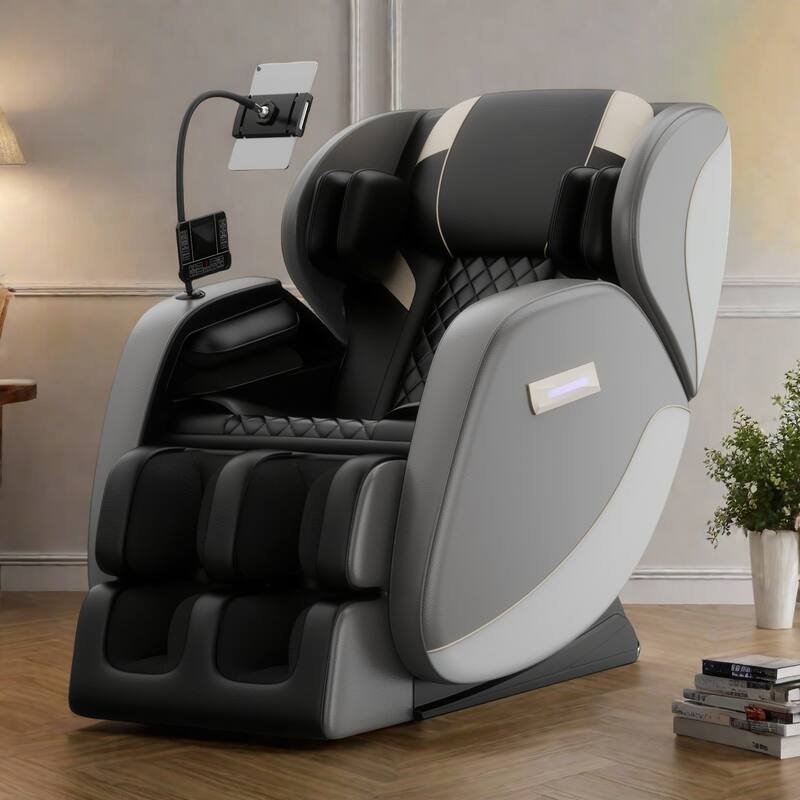 PU Leather Zero Gravity Full-Body Massage Chair with Foot Roller, Lumbar Heat, and Bluetooth Speakers - Gray