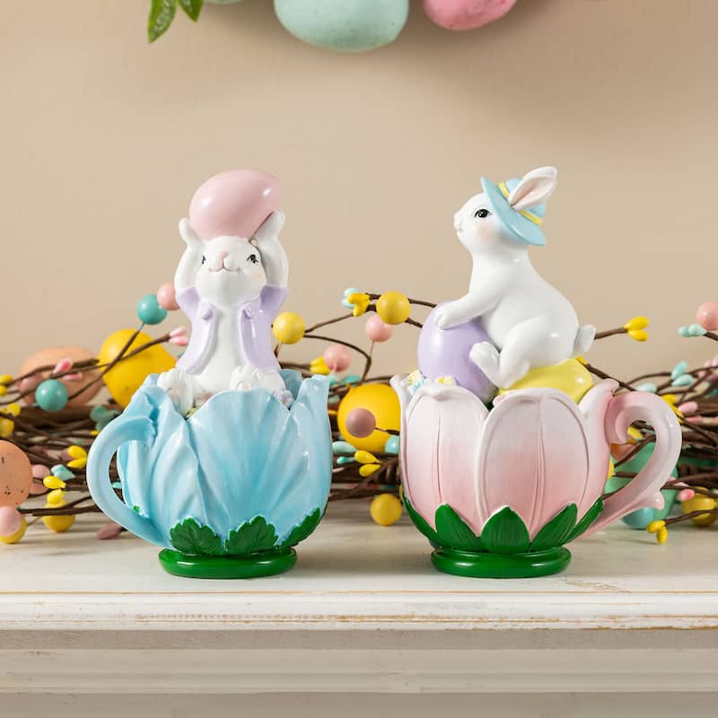 Glitzhome Set of 2 Easter Resin Bunny Table Decor Rabbits Figurines Party Ornaments