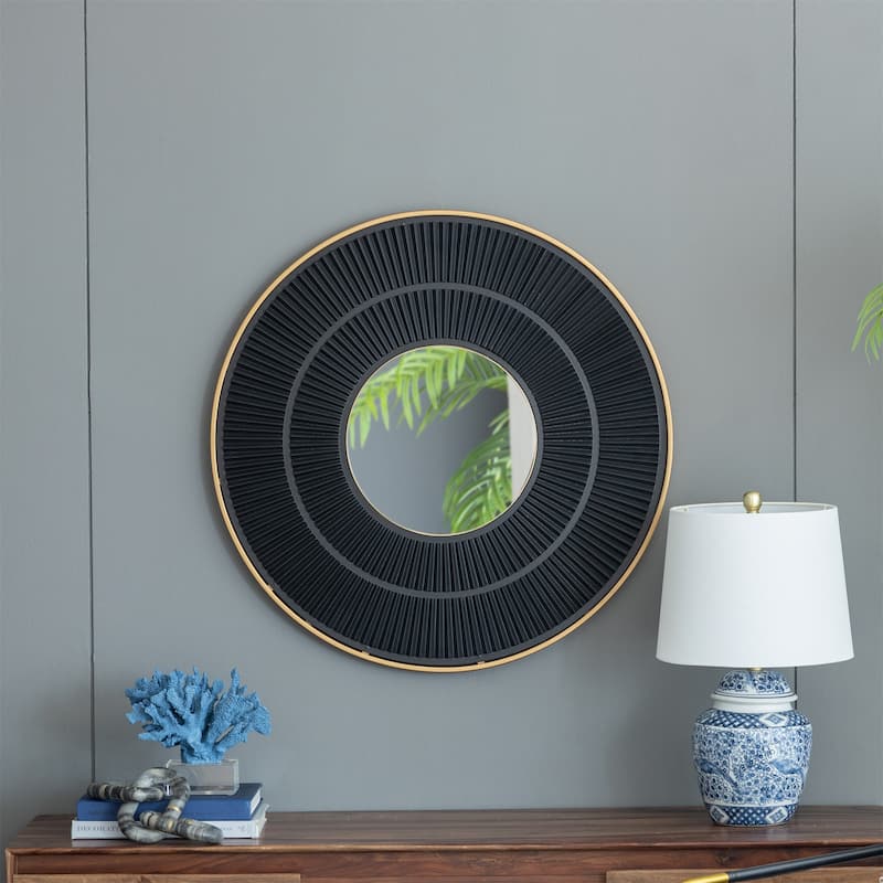 Round Wooden Wall Mirror with Gold Iron Frame - Black