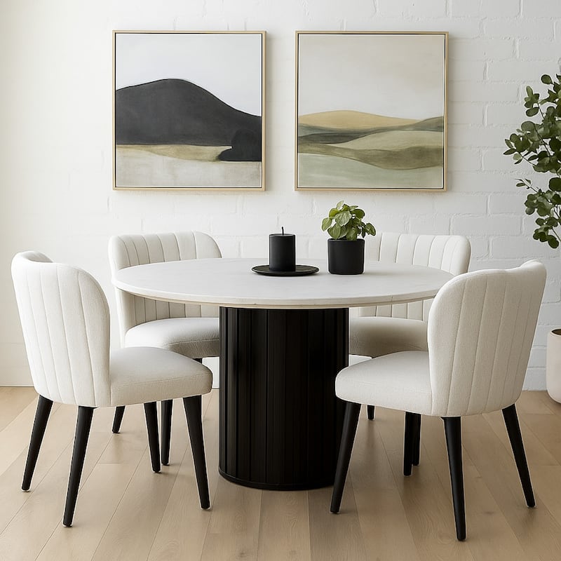 Jerry 54 Inch Dining Table, Round Faux Marble Top, Black Pedestal Base