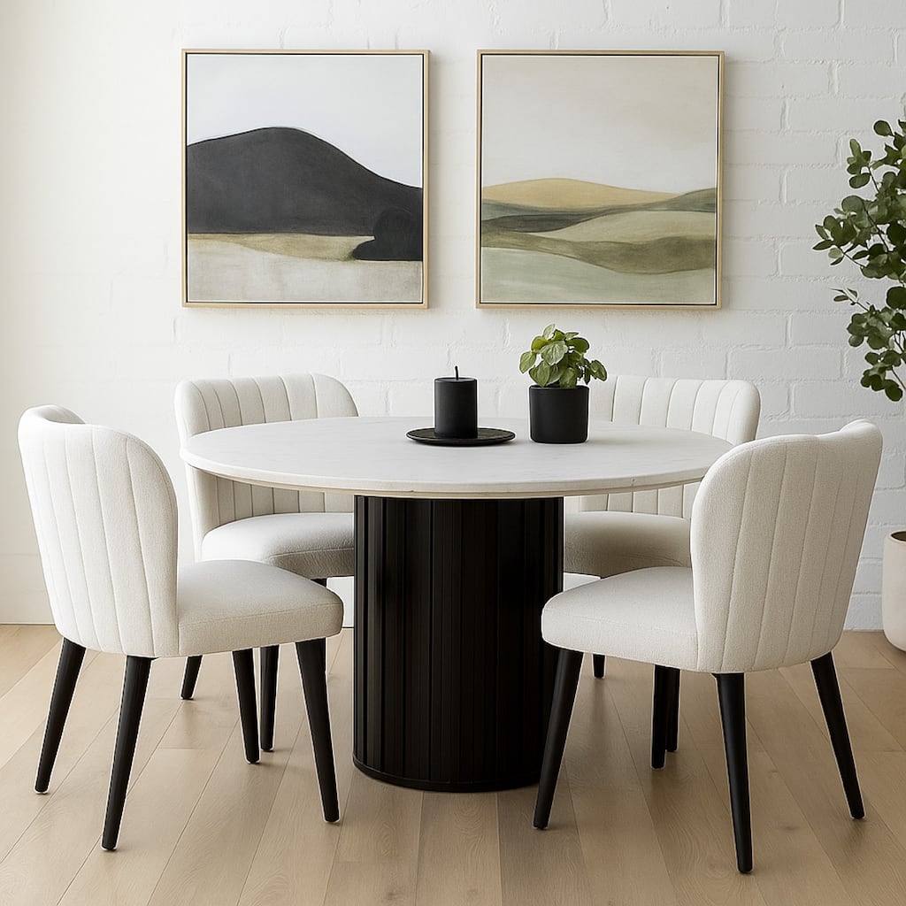 Jerry 54 Inch Dining Table, Round Faux Marble Top, Black Pedestal Base