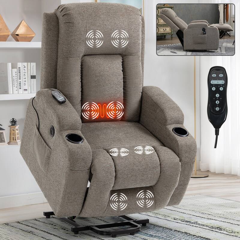 Grey Power Lift Recliner with Massage, Heat & Cup Holders - Brown