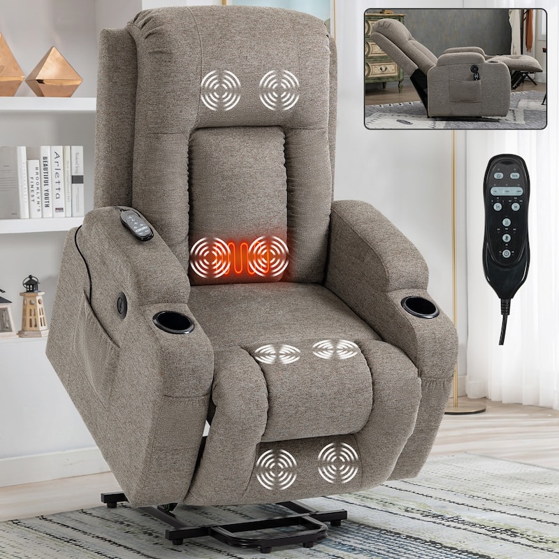 Massage Heat Power Lift Recliner Chair, USB Port, Dual Cup Holders