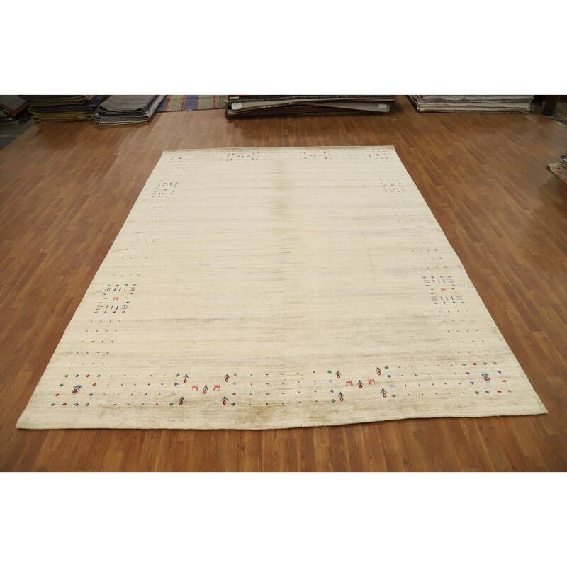 Hand Knotted Oriental Viscose Silk Carpet Tribal Animal Pictorial Beige & Ivories Gabbeh Area Rug - 11' 10'' X 8' 11''