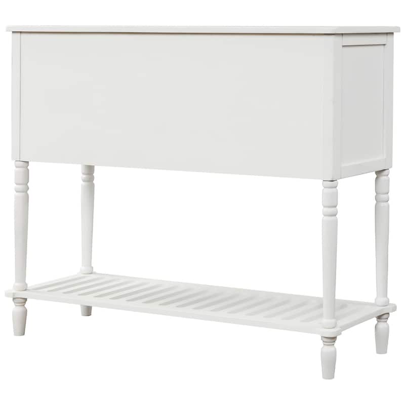 Tempered Glass Doors Console Table, Wood Sideboard with Carved Legs, Bottom Ladder Shelf, Pine Wood Frame