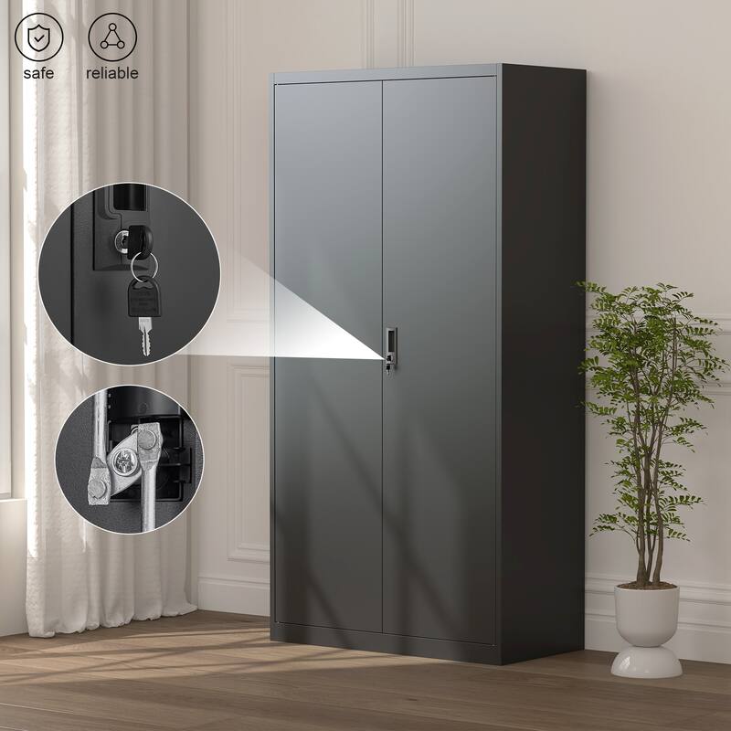 Anmytek Black Lockable Storage Cabinet with Hanging Rod and Adjustable Shelves Secure Wardrobe for Bedroom and Living Room