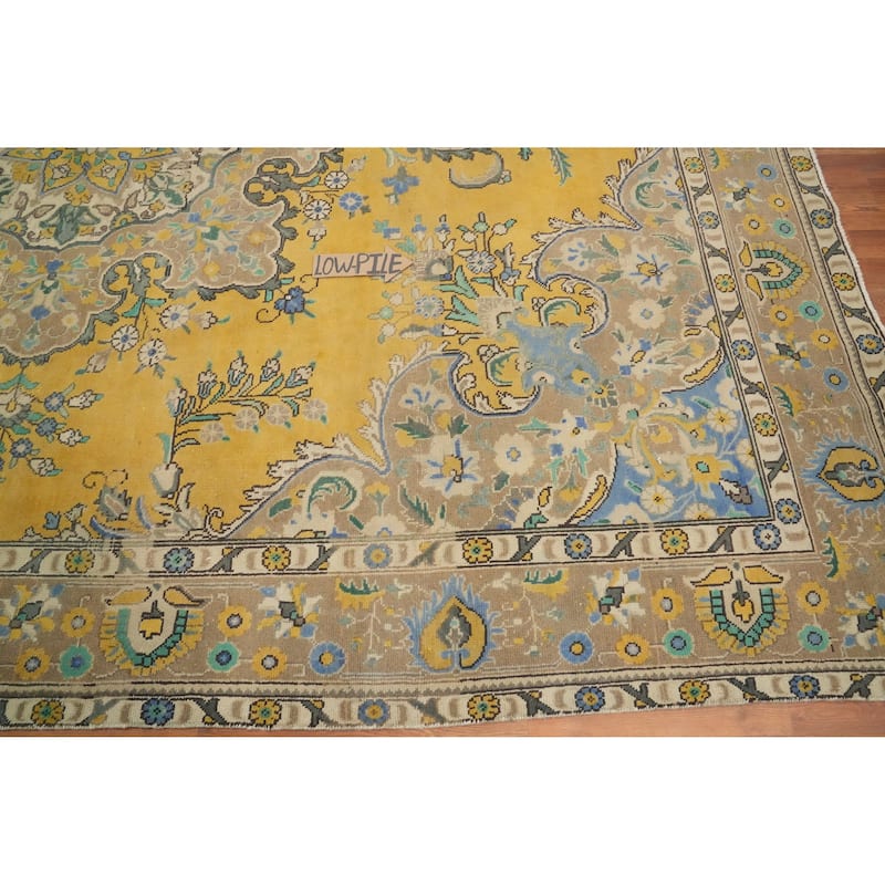 Hand Knotted Oriental 100% Wool Carpet Traditional Floral Yellow & Gold Tabriz Area Rug - 12' 3'' X 10' 0''