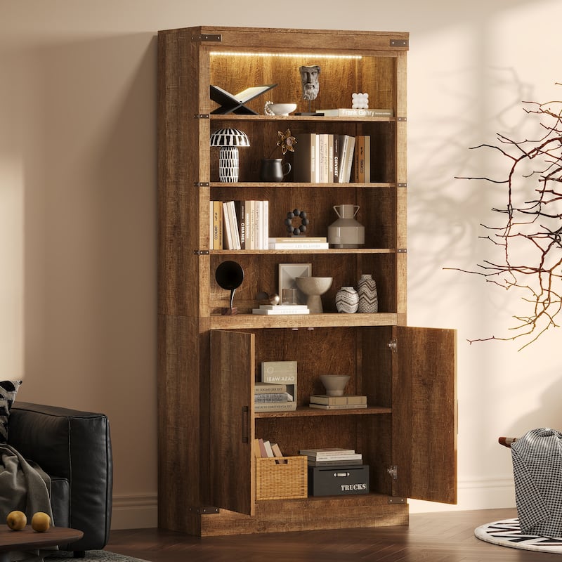 83.4" Tall Bookshelf with Doors, Farmhouse Bookcase with 3-Tier Adjustable Shelves, Display Storage Cabinet with LED Light - Walnut