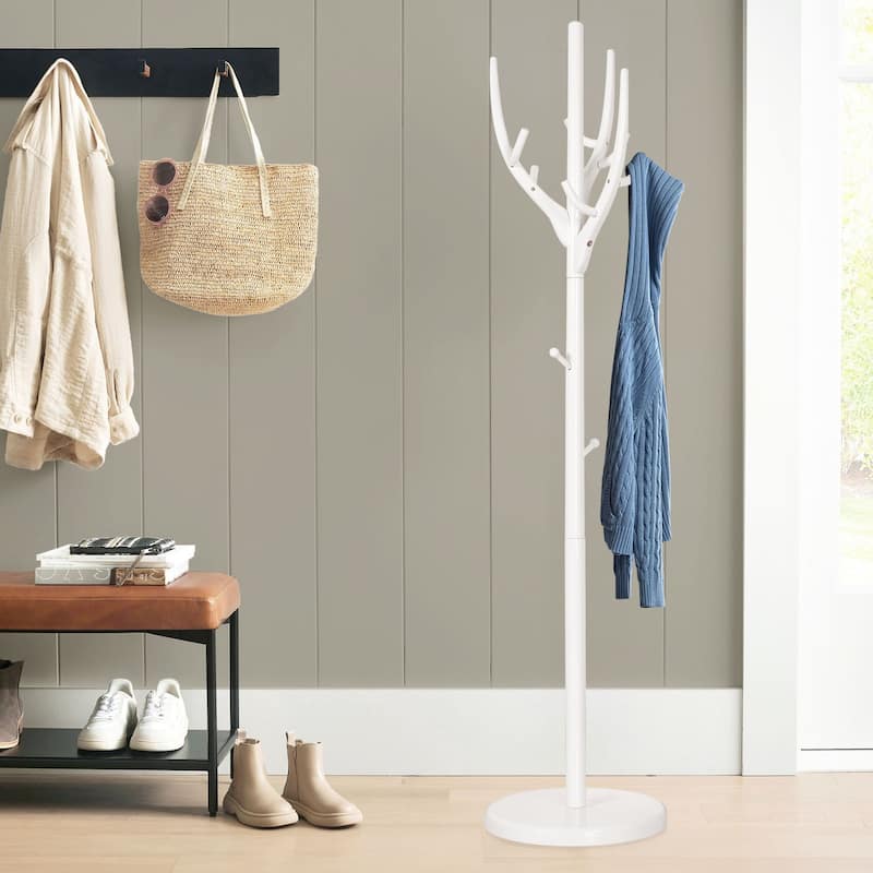 Adjustable Tree-branch Coat Rack Freestanding, Rubberwood Coat Tree - 16.54"Dia. x 71.65"H - White
