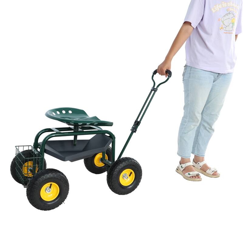Adjustable Garden Cart with Swivel Seat, Large 10-Inch Wheels, Storage Tray and Basket, Easy Maneuvering - Iron