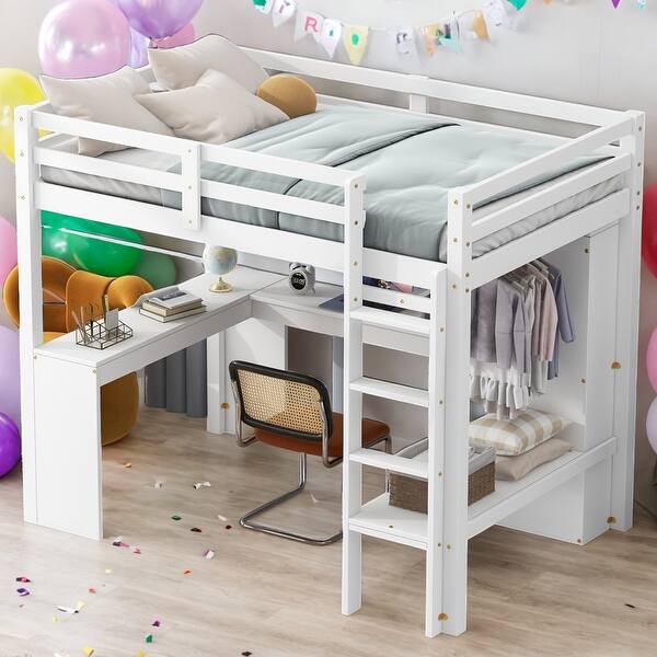 slide 2 of 11, Kid Bed Frame Wood Twin Size Loft Bed with L-shaped Desk,Wardrobe and Shelves White