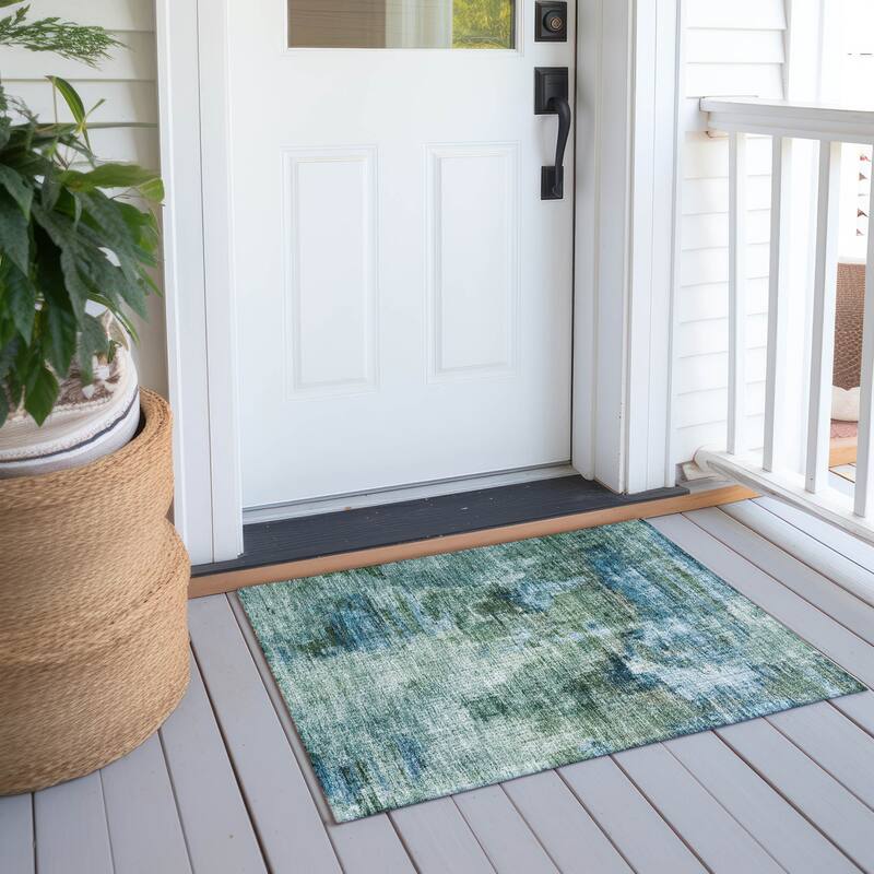 Machine Washable Indoor/ Outdoor Abstact Contemporary Chantille Rug - Teal - 1'8" x 2'6"