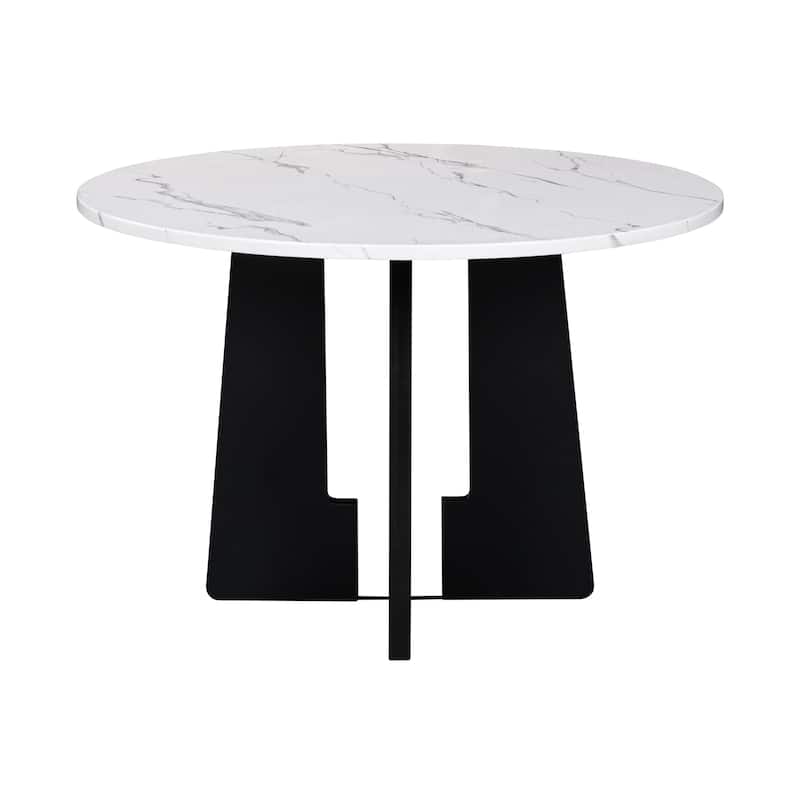 Marble Texture Round Dining Table for 4 with Sturdy H-shape Legs, Coffee Table Kitchen Table with Adjustable Feet