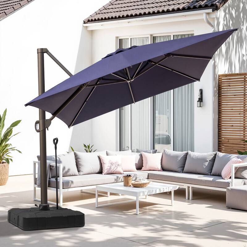 13 ft x 10 ft Outdoor Luxury Aluminum Patio Cantilever Offset Umbrella and Base with Wheels - Navy Blue