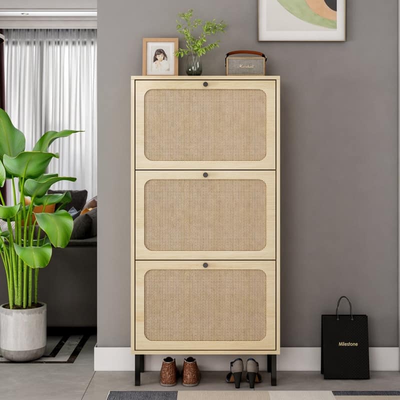 Freestanding Modern Shoe Rack Storage with 3 Natural Rattan Door