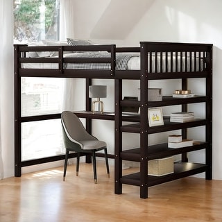 Industrial Modern Full Size Loft Bed with Storage Shelves and Under-bed Desk, Sturdy Construction & Safety Guaranteed, Black