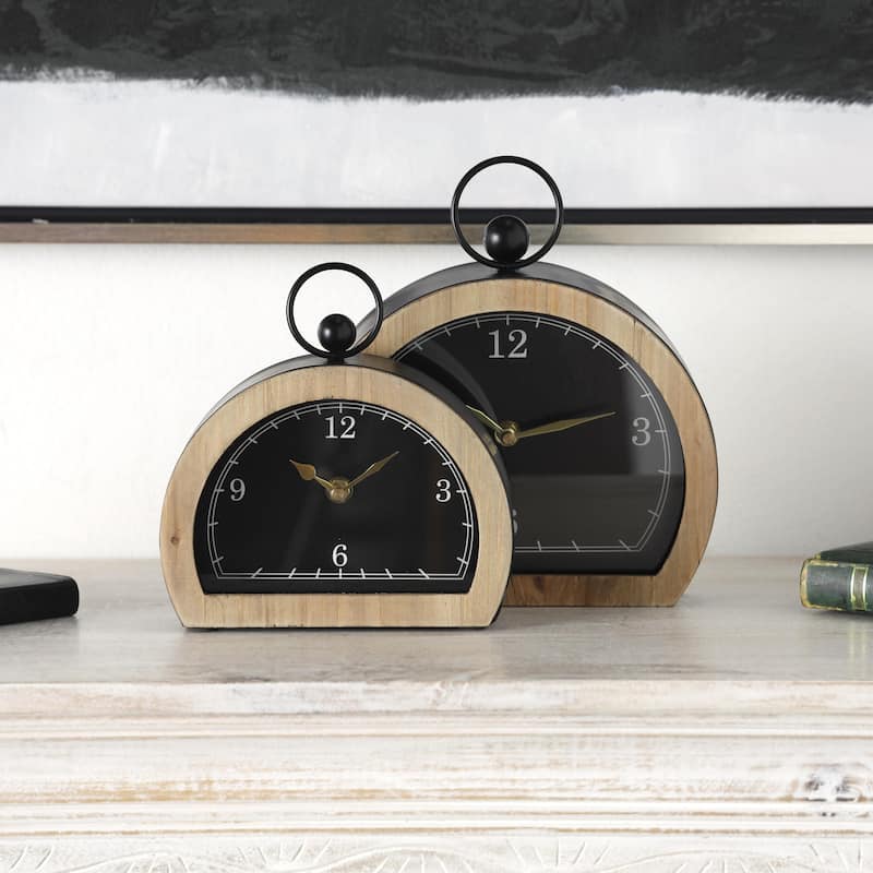 Wooden Semicircle Clock with Brown Wooden Frame and Ring Handle - Set of 2 Black - Roche River Decor