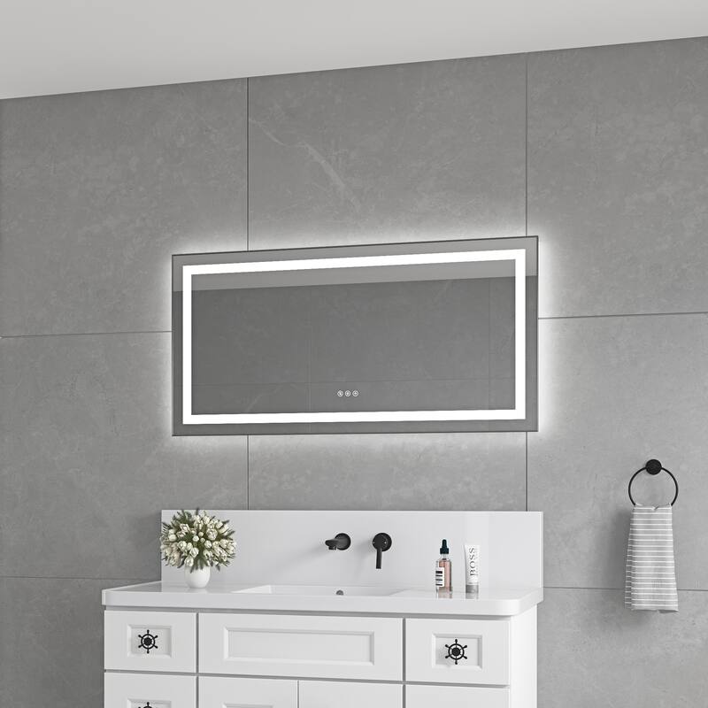 48" x 24" LED Bathroom Mirror with Front and Backlight, Wall Mounted Vanity Mirror with Aluminum Frame, Anti-Fog - Gun Ash - Gun Ash