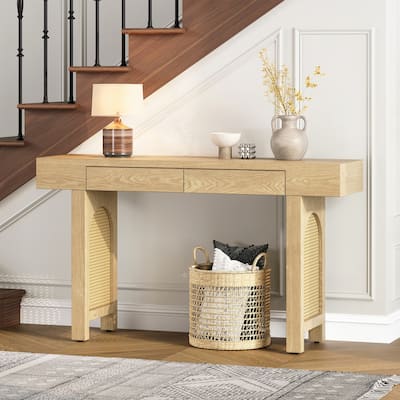Narrow Console Table with Rattan Accent,(Natural)