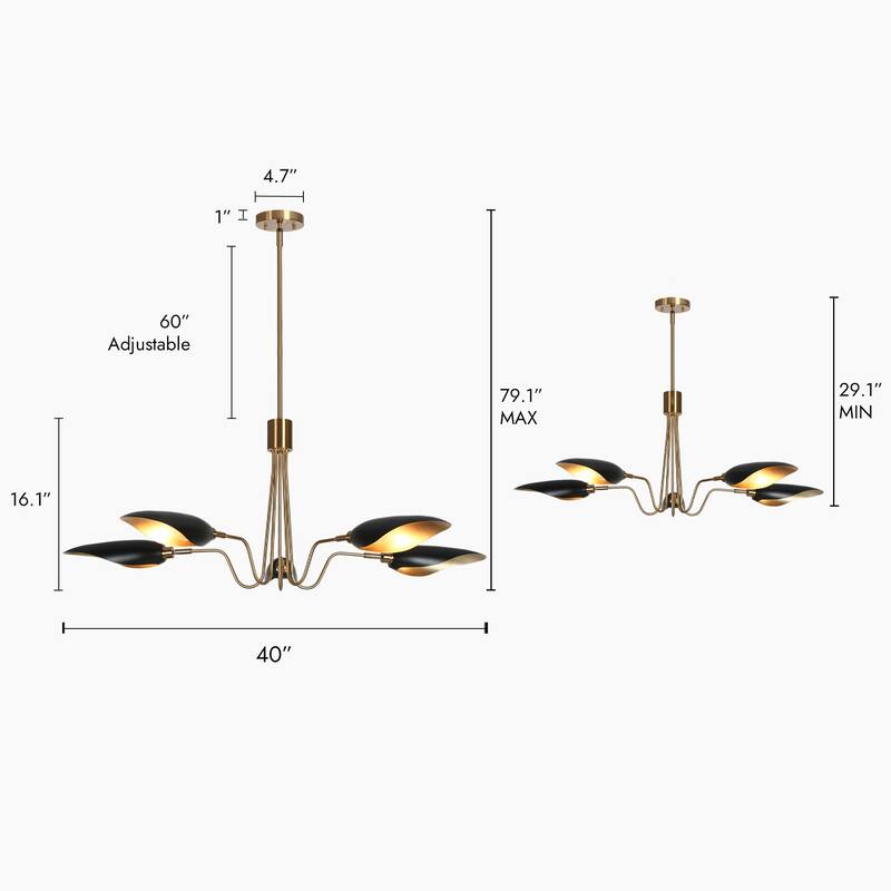 Mid-Century Modern 5-Light Black Gold Chandelier Wheel Pendant Lights with Metal Shades - 40" D x 16.1" H