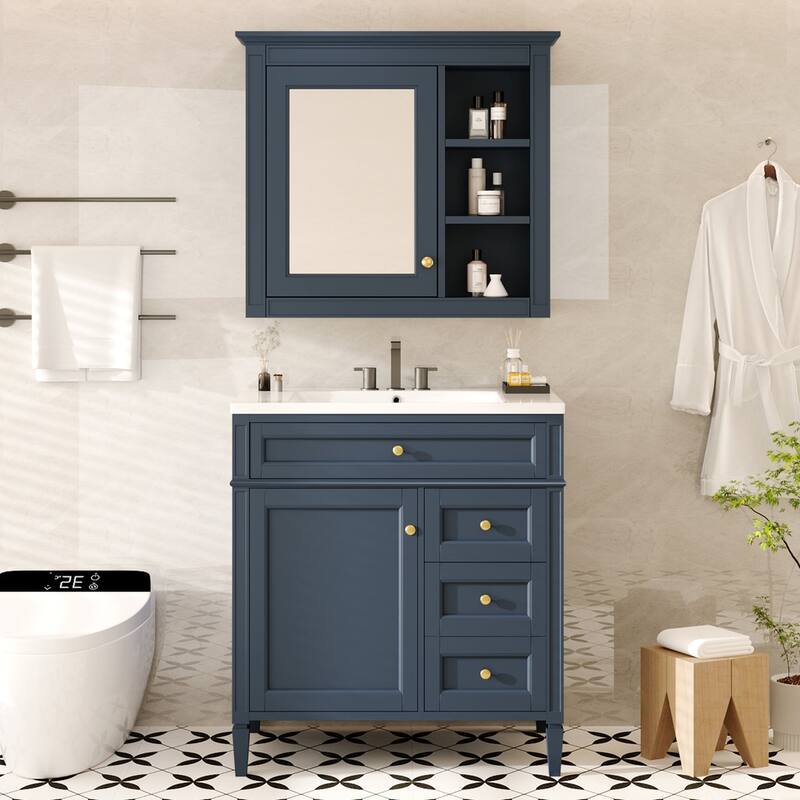 Plywood Freestanding Bathroom Vanity Set in Maple with Integrated Ceramic Sink with Mirror Cabinet - 30“ x 18"