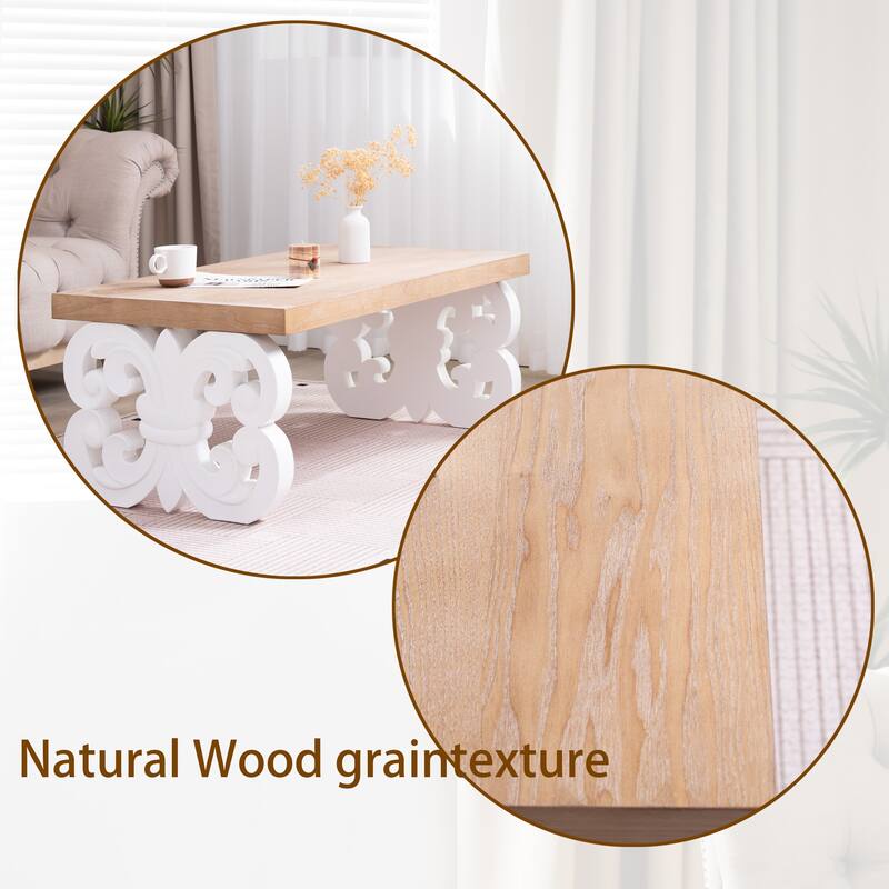 Wood Coffee Table-47" Rectangular Table With Carved Base And Natural Wood Top