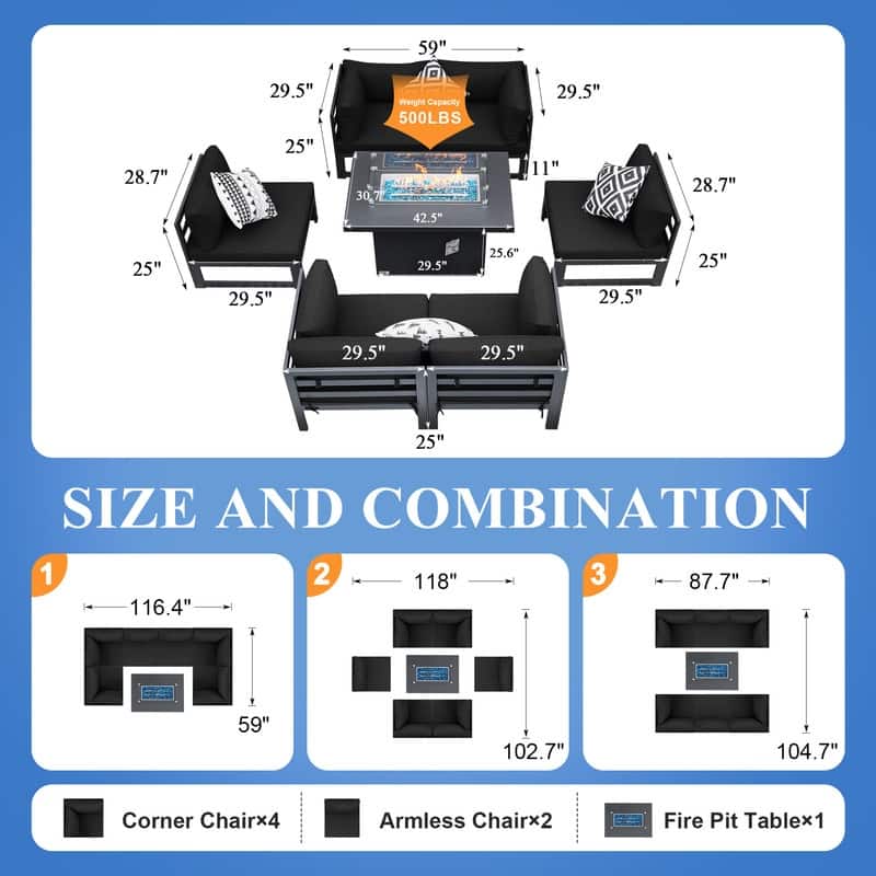 FINCATI 7 Pcs Patio Furniture Set Outdoor Sectional Sofa Set with Firepit Table - 7 Pieces