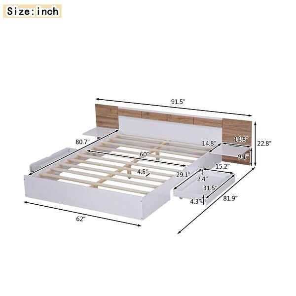 dimension image slide 1 of 2, Nordic Simple Queen Size Platform Bed Frame with Headboard, Drawers, Shelves, USB Ports and Sockets for Kids Teens Adults