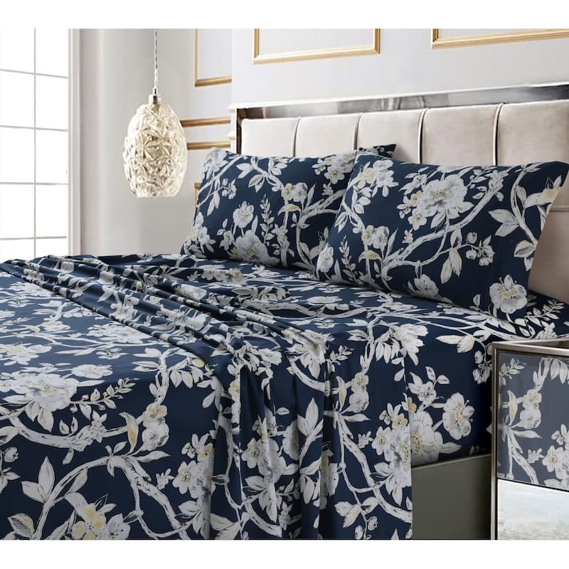 300 Thread Count Cotton Ultra-soft Printed Deep Pocket Bed Sheet Set - King - colmar navy-multi