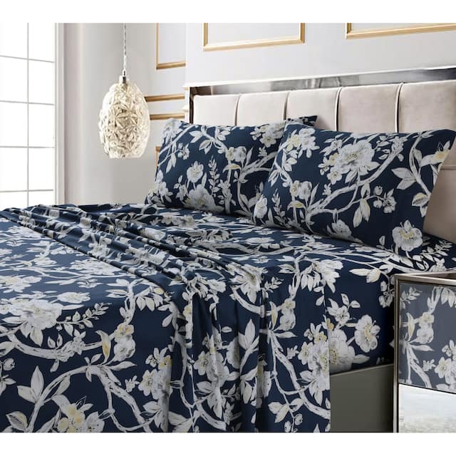 300 Thread Count Cotton Ultra-soft Printed Deep Pocket Bed Sheet Set - Queen - colmar navy-multi