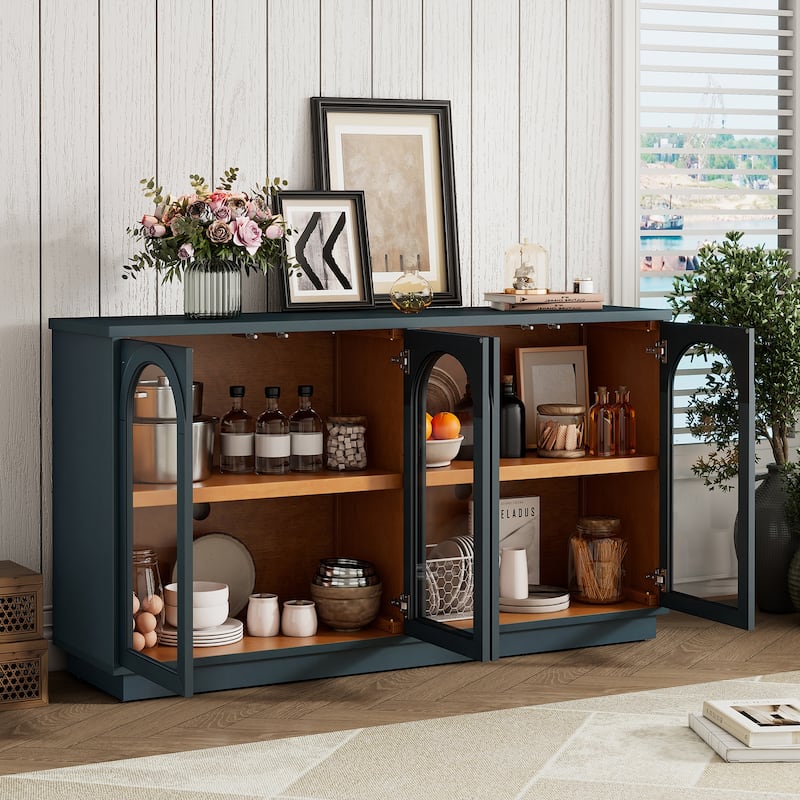 4-Door Buffet Cabinet,Large Storage,Glass Doors and Adjustable Shelves