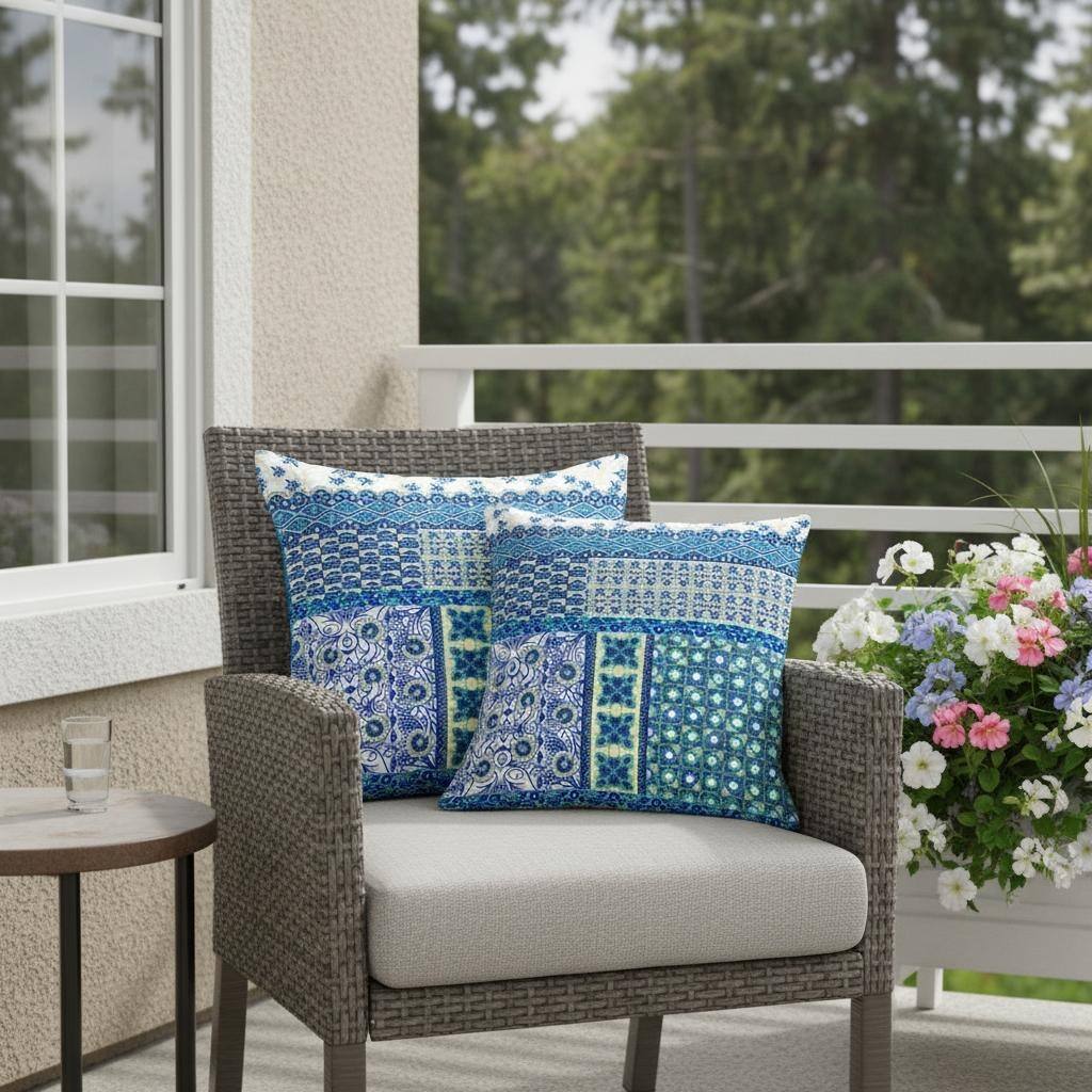 HomeRoots Set of Two 16" X 16" Blue and White Blown Seam Floral Indoor Outdoor Throw Pillow - 16.00' X '16.00' X '5.00