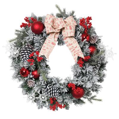 24 in Flocked Holiday Wreath with Bow and Berries and Ornaments - Multi - N/A