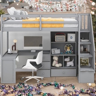 Twin Size Loft Bed With L-Shaped Desk,Drawers,Cabinet