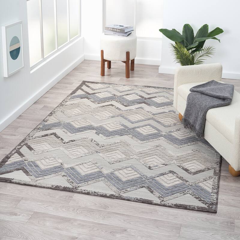 Sevita Light Blue/Ivory Chevron PET Yarn Indoor/Outdoor Area Rug