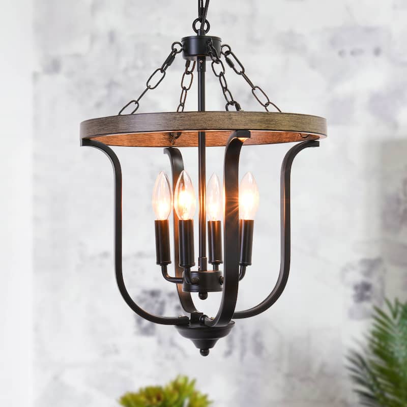 4-Light Candle Accents Rustic Cage Chandelier for Dining Room Kitchen Island - Black+Brown
