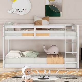 Twin over Twin Bunk Bed with Ladder, Kid's Floor Bed with Guardrails, Pine Wooden Bed Frame for Bedroom, White