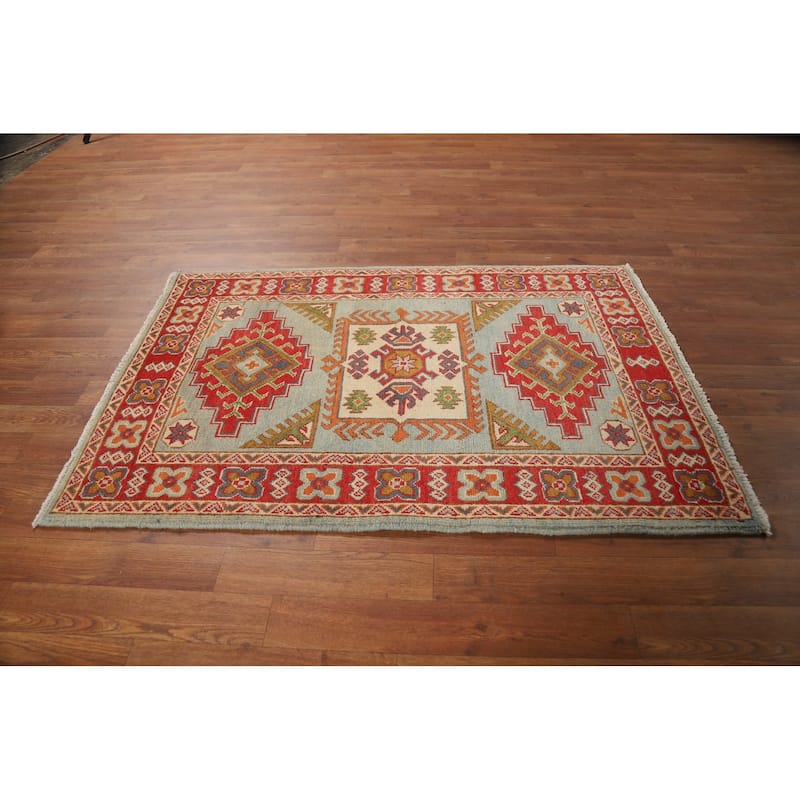 Geometric Blue Kazak Foyer Rug Hand-Knotted Wool Carpet - 2'10"x 4'3"