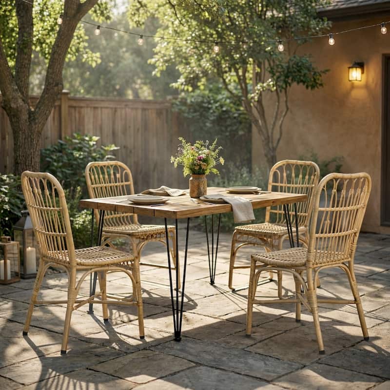 Christopher Knight Home - Mid-Century Modern 5-Piece Acacia Wood & Rattan Outdoor Dining Set with Square Table and Woven Chairs - Teak+Yellow