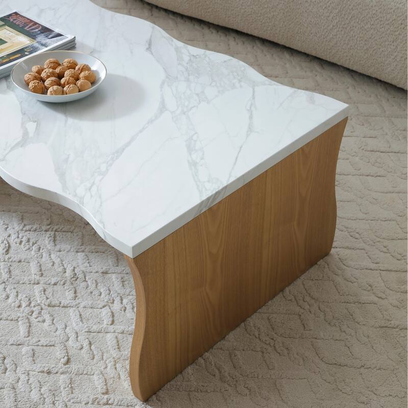 47.24" Whisper of Waves Modern Coffee Table, White Faux Marble Table Top, Solid Wood Veneered Base, Accent Table