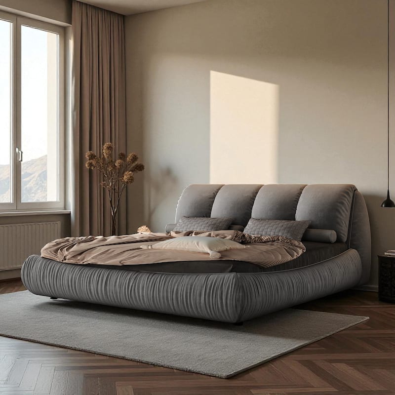 Queen/King Size Luxury Upholstered Platform Bed with Oversized Padded Headboard, Solid Wood Frame & Adjustable Mattress Height