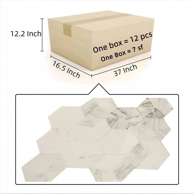 Hexagon Polished Marble Tile - White Natural Stone for Floor and Wall, 12-Piece Box