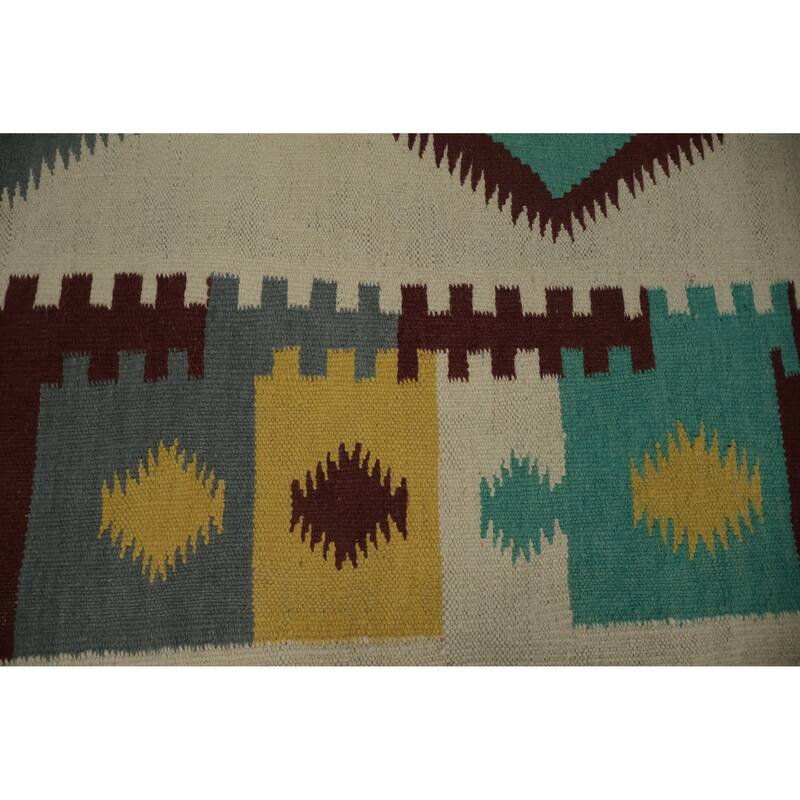 Hand Woven Oriental 100% Wool Carpet Southwestern Tribal Beige & Ivories Kilim Area Rug - 11' 4'' X 4' 9''