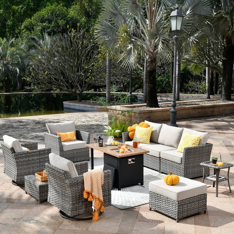 OVIOS 10-Piece Patio Wicker Conversation Rocking Chair Set With Fire Table - Stripe Beige