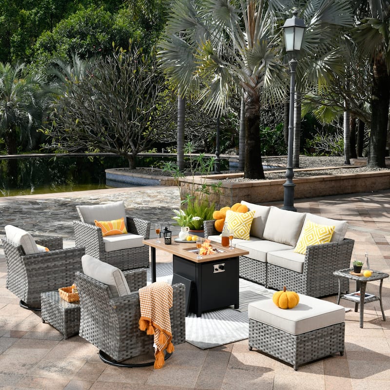 XIZZI 10-piece Outdoor Patio Furniture Rattan Wicker Conversation Sofa Set with Fire Pit - Beige